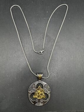 Vintage 1990 Large Heavy Celtic Silver Gold Tone Pendant Box Chain Necklace